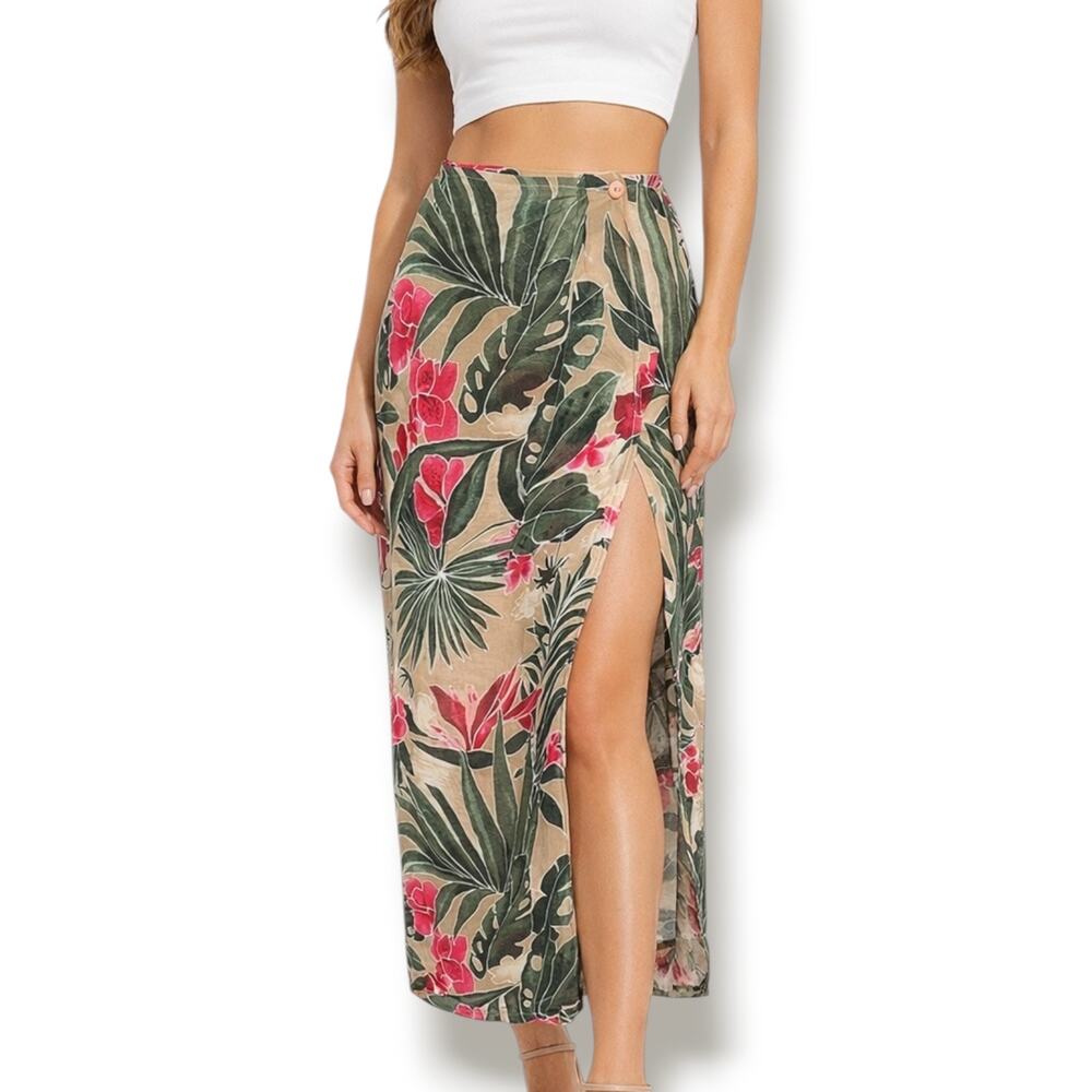 Vintage Tropical Floral Rayon Wrap Maxi Skirt Lined Beige Pink Beach Vacation